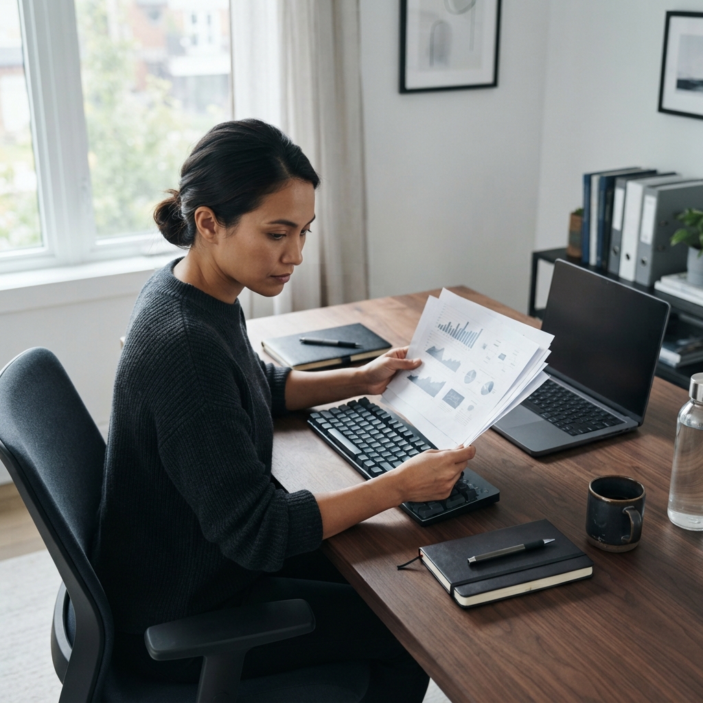 Data engineer reviewing technical reports at an organized desk