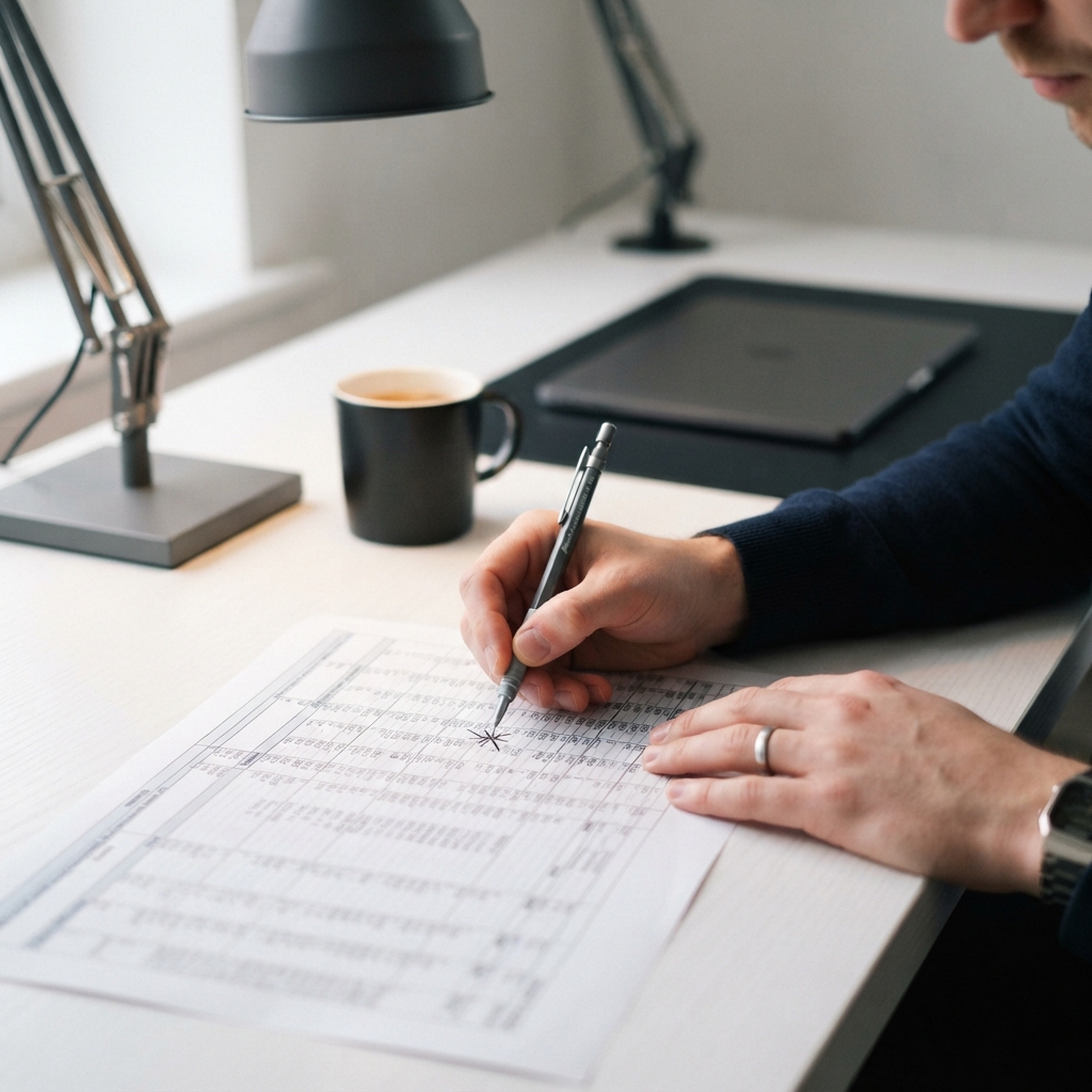 Hands annotating a printed spreadsheet with a pencil