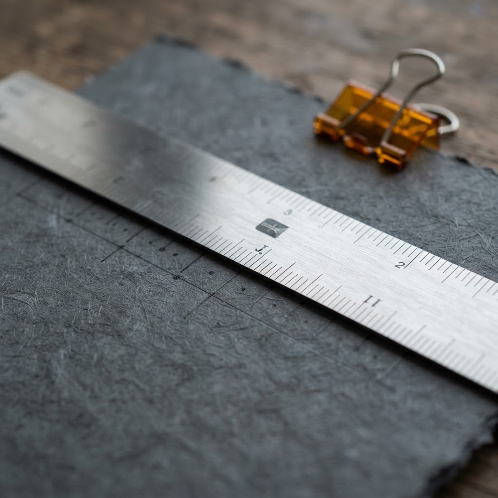 Close up of a metal ruler on gray paper