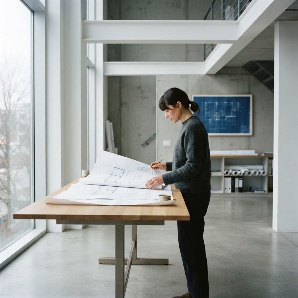 Person reviewing printed documents at an architectural table