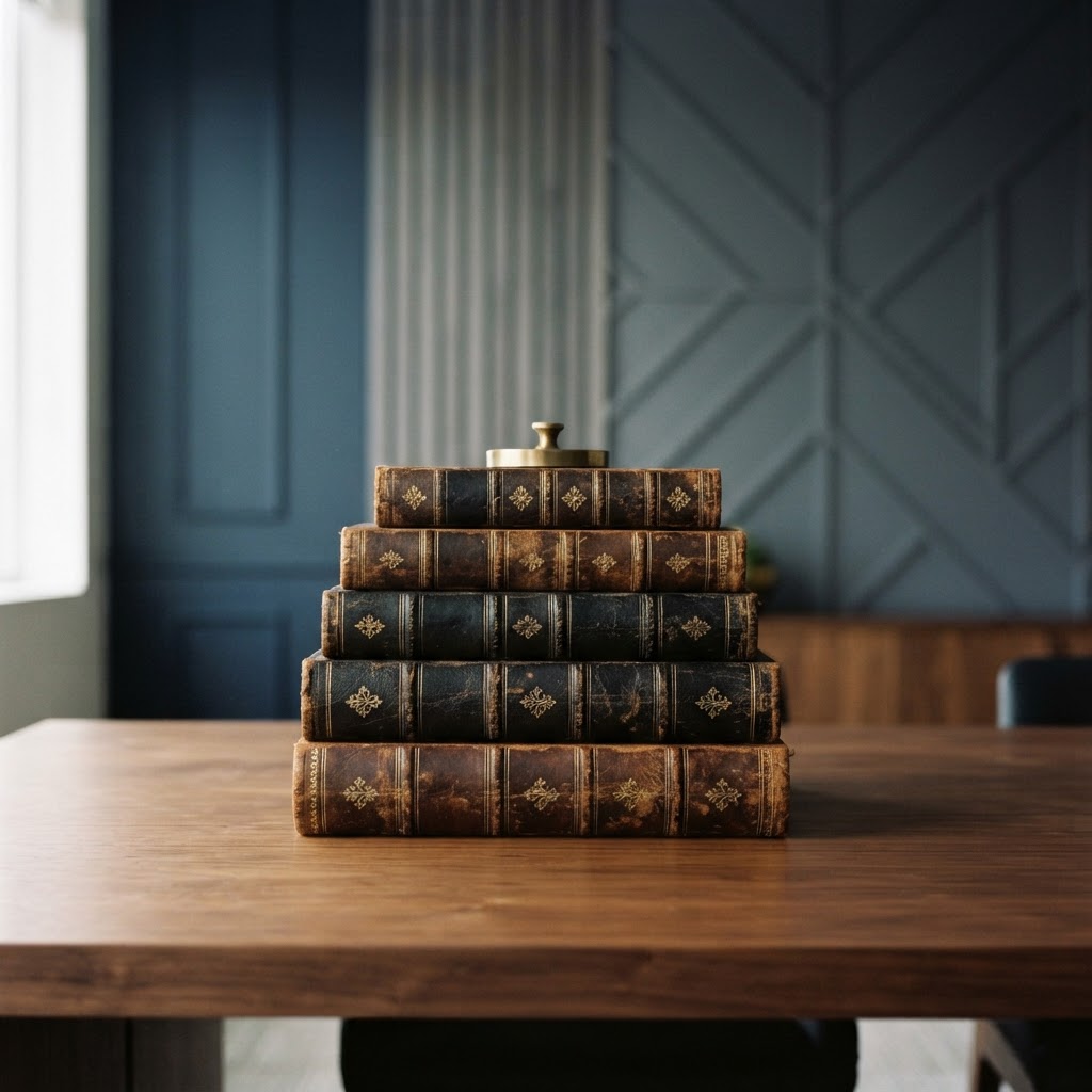 Stack of leather bound ledgers on a wooden table
