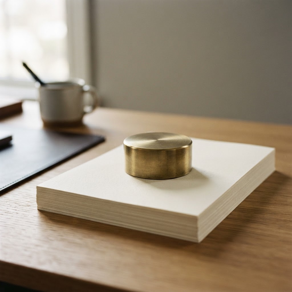 Precision brass paperweight on architectural documents