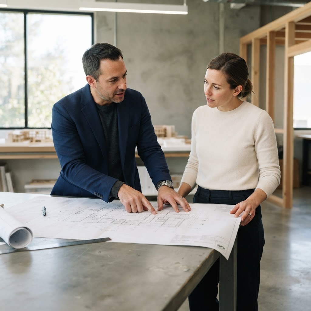Two professionals reviewing blueprints at a clean workspace