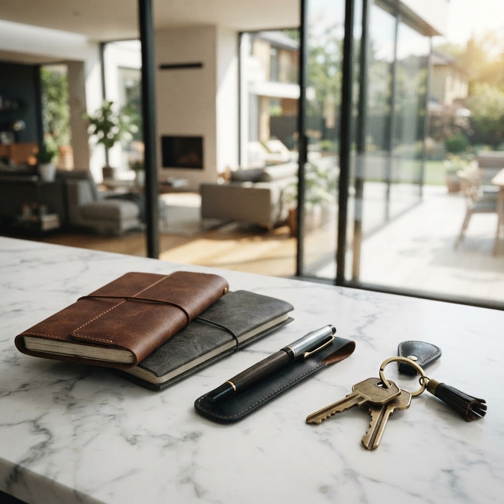 House keys and notebooks on a white marble table