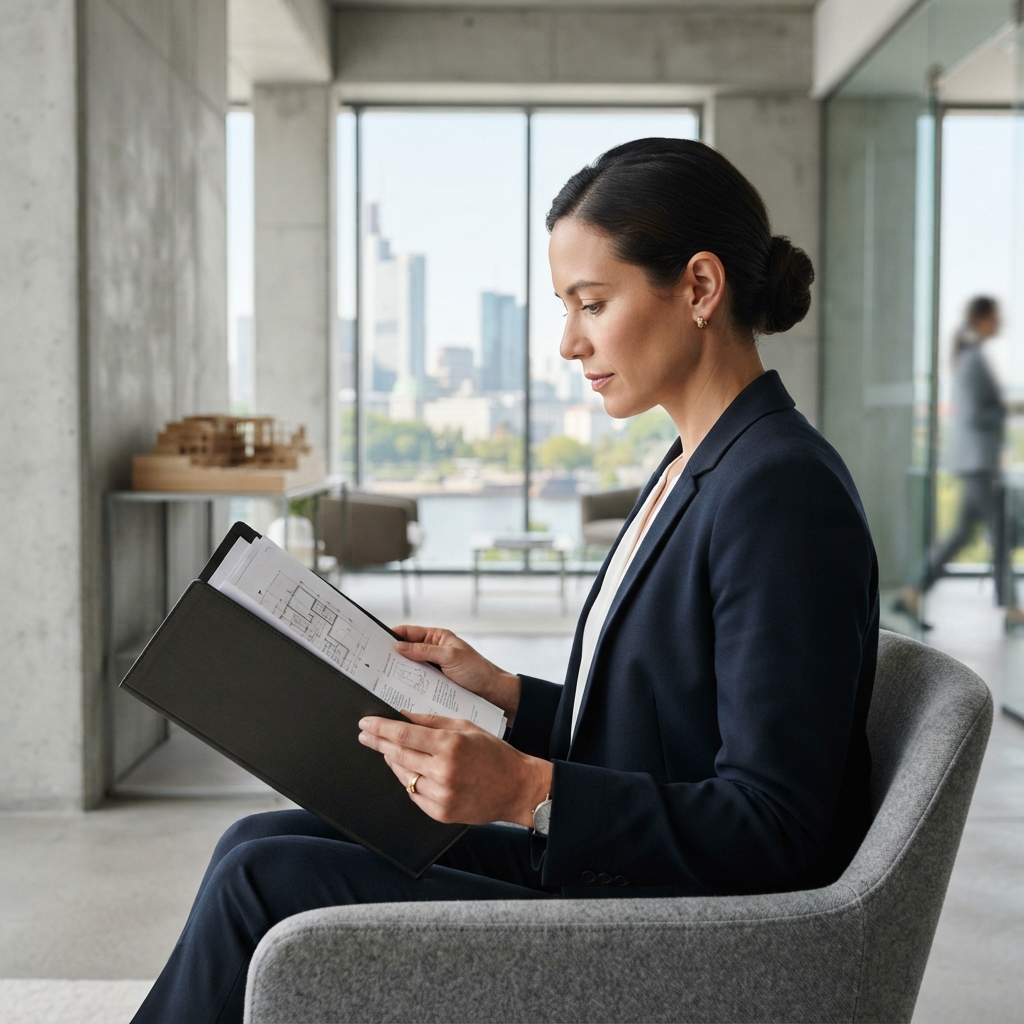 Person reviewing a professional document in a modern office