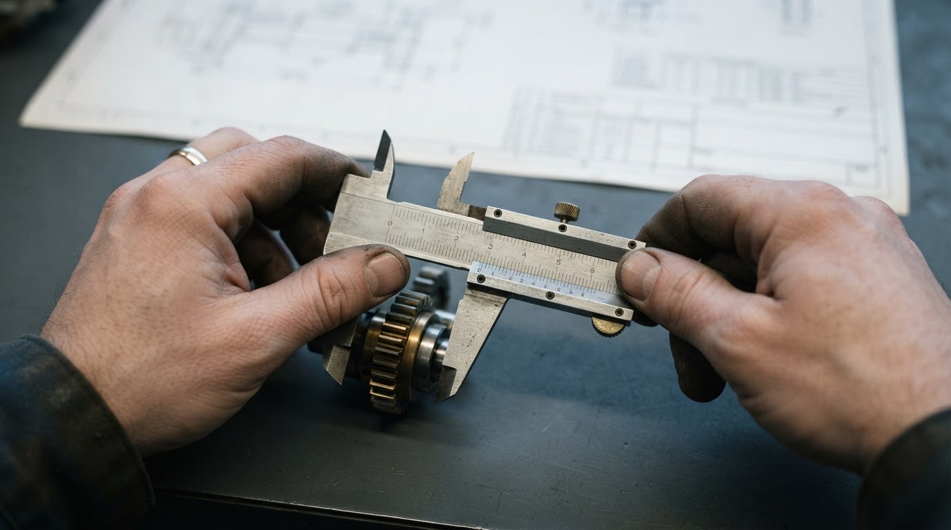 Hands using a mechanical caliper to measure precision