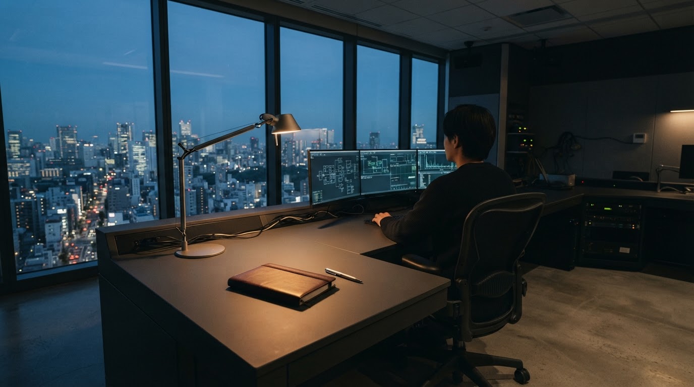 Modern control room workspace with a desk lamp