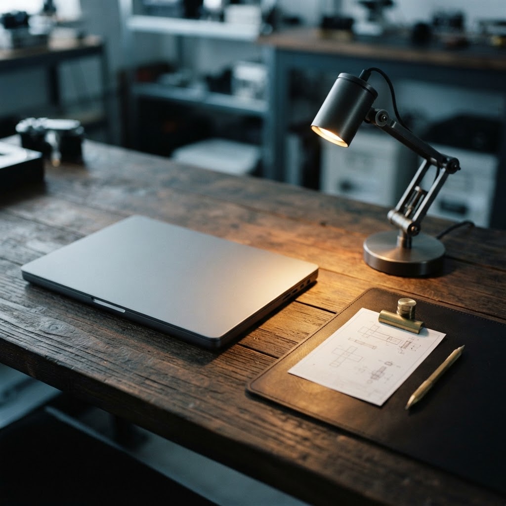 A closed laptop and warm desk lamp