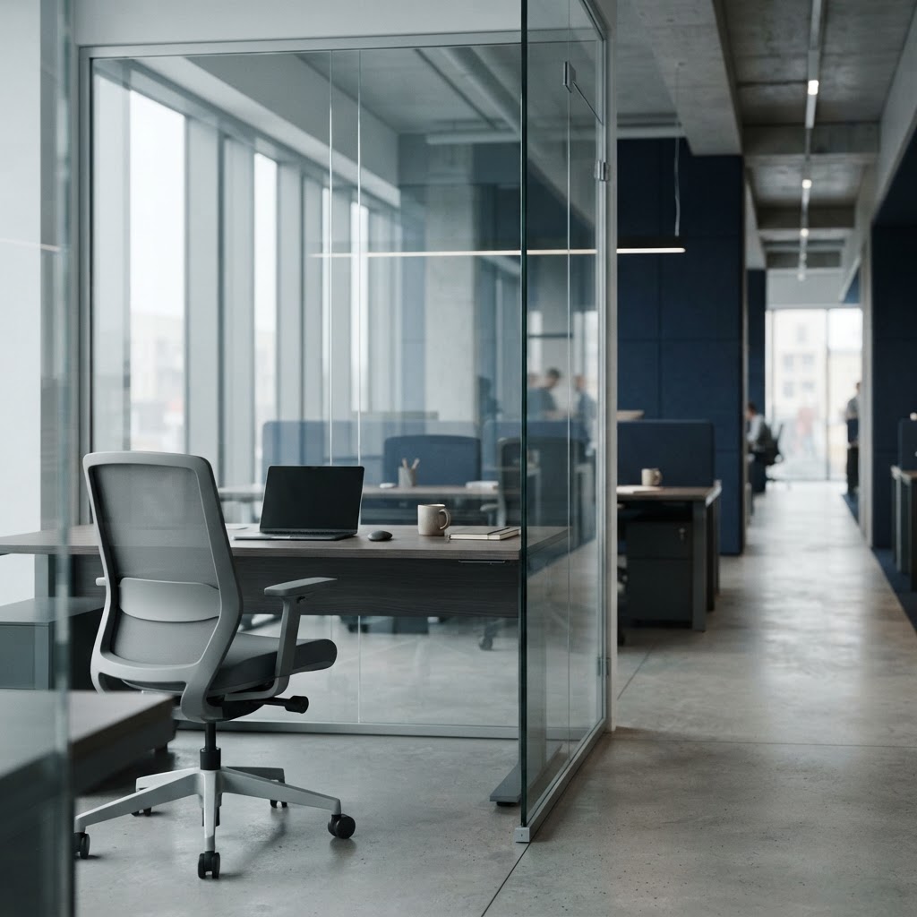An empty ergonomic office chair and glass partition