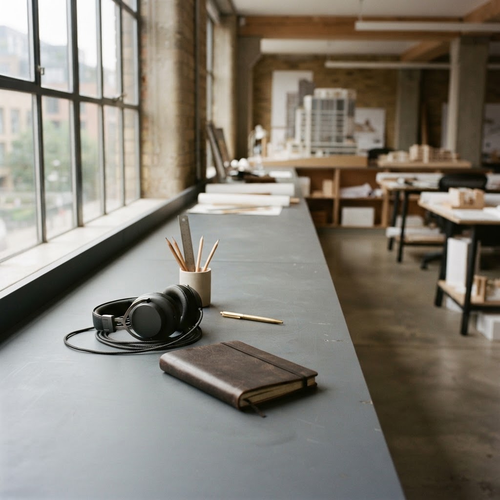Headphones and notebook on a clean studio desk