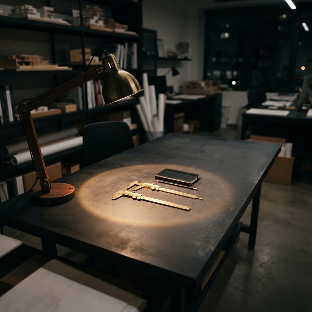 Precision engineering calipers on a desk under focused warm lighting