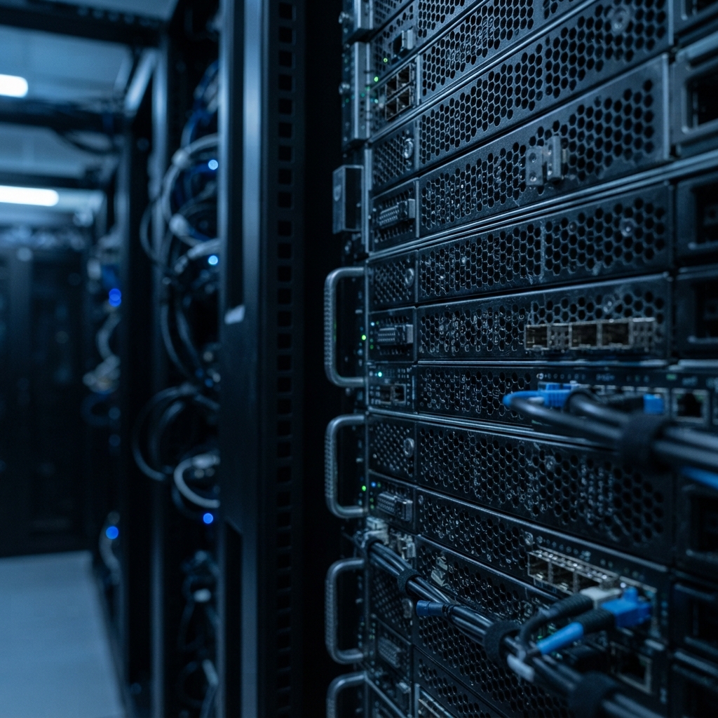 Detailed close up of server rack infrastructure