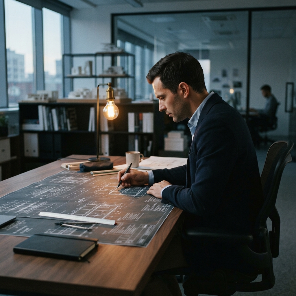 Professional reviewing detailed business infrastructure blueprints