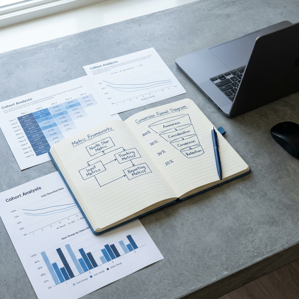 Workspace with metric frameworks and cohort analysis documentation