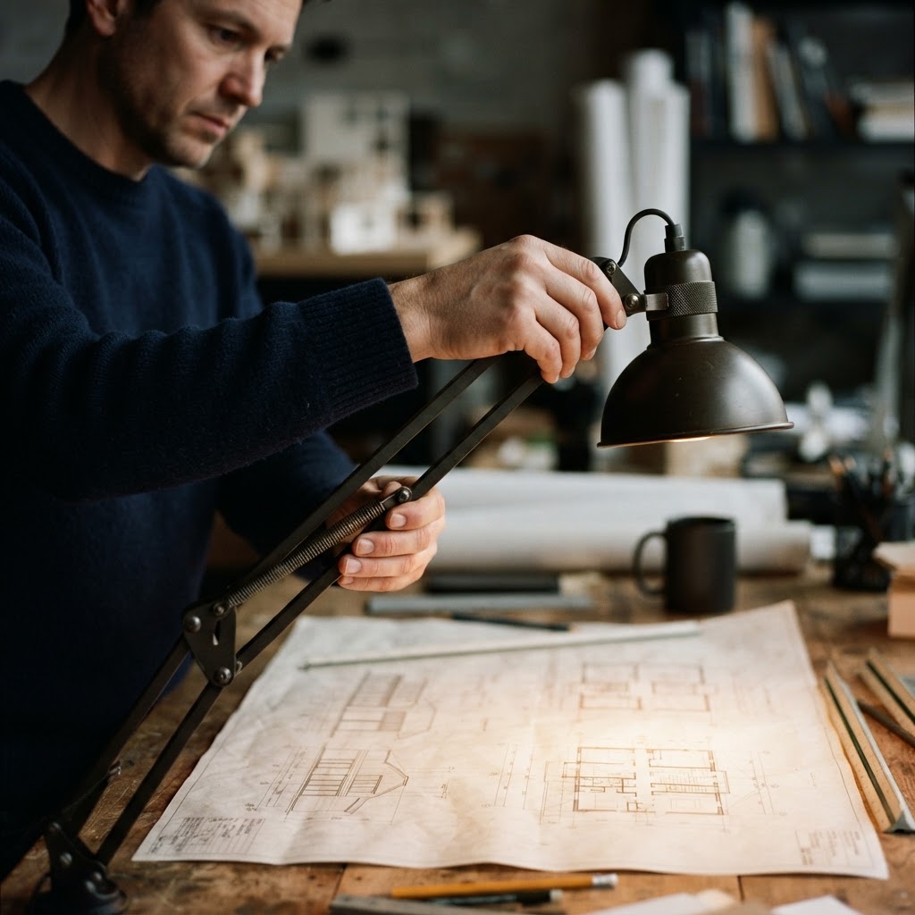 Person adjusting a professional desk lamp