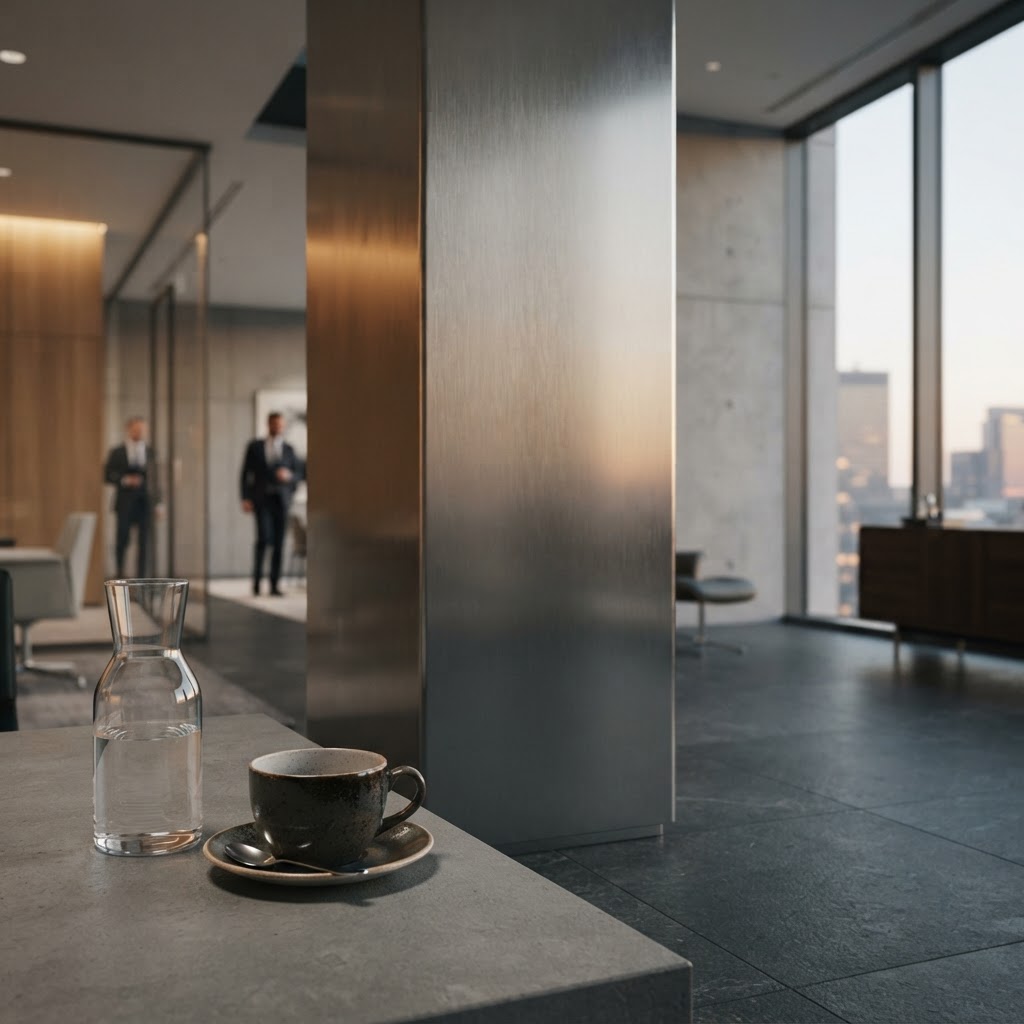 A glass carafe and ceramic cup on a matte desk in a modern office.