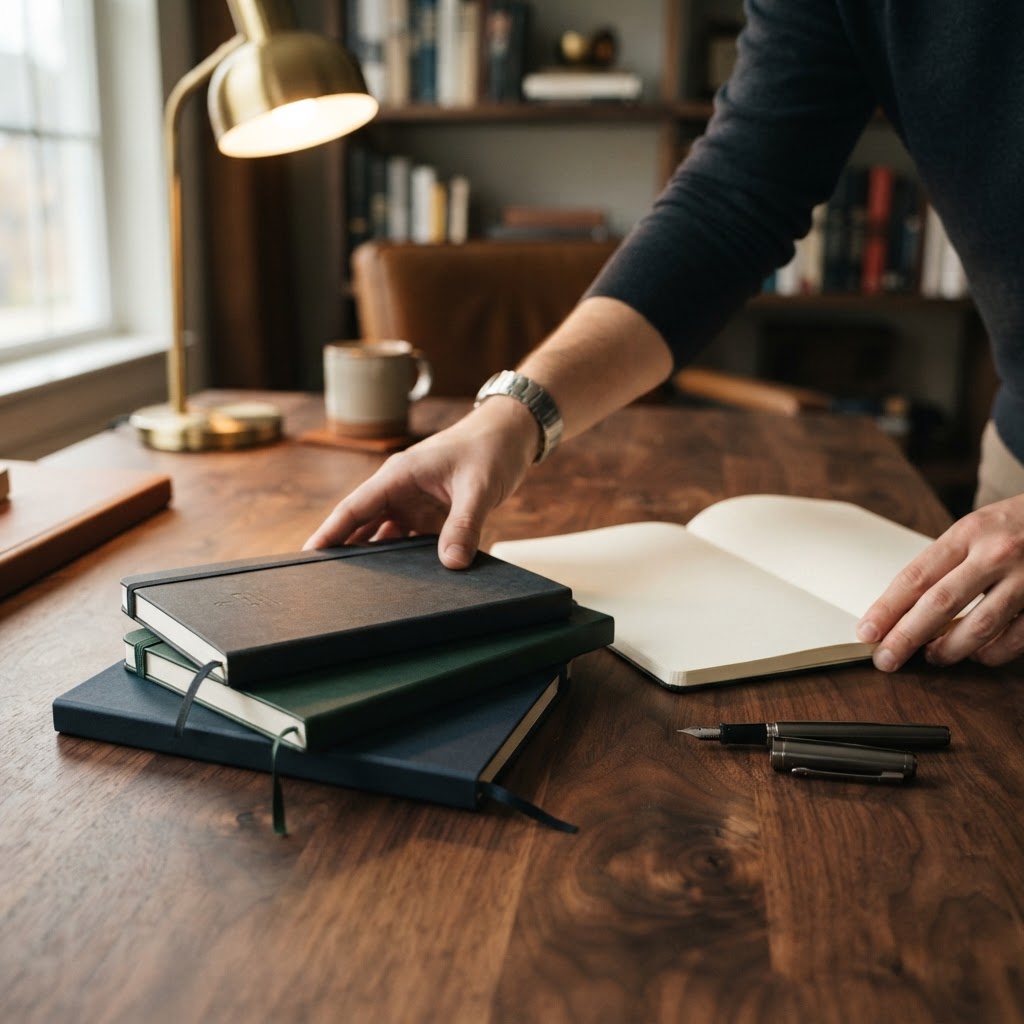 Hands organizing professional notebooks on a desk in a quiet workspace.