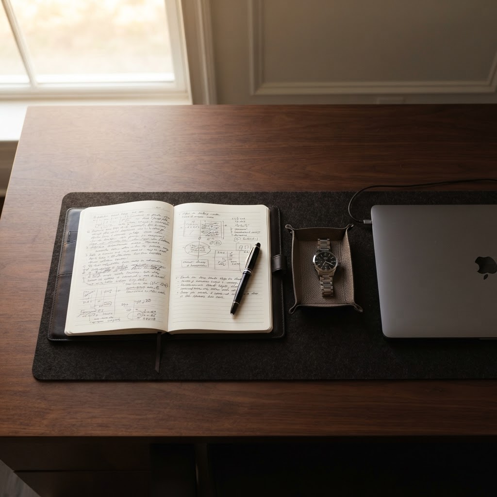 Minimalist desk setup with professional notebook and watch