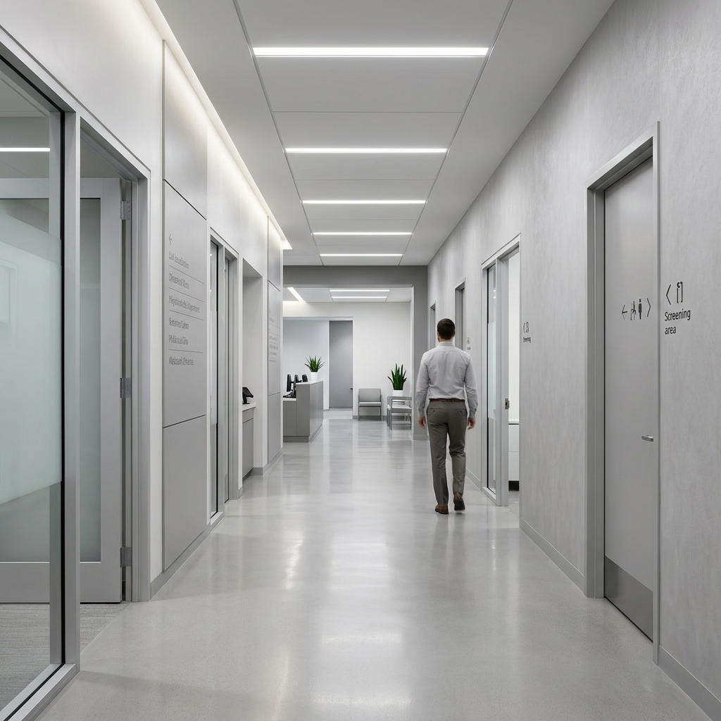 Modern medical clinic hallway with screening department signage