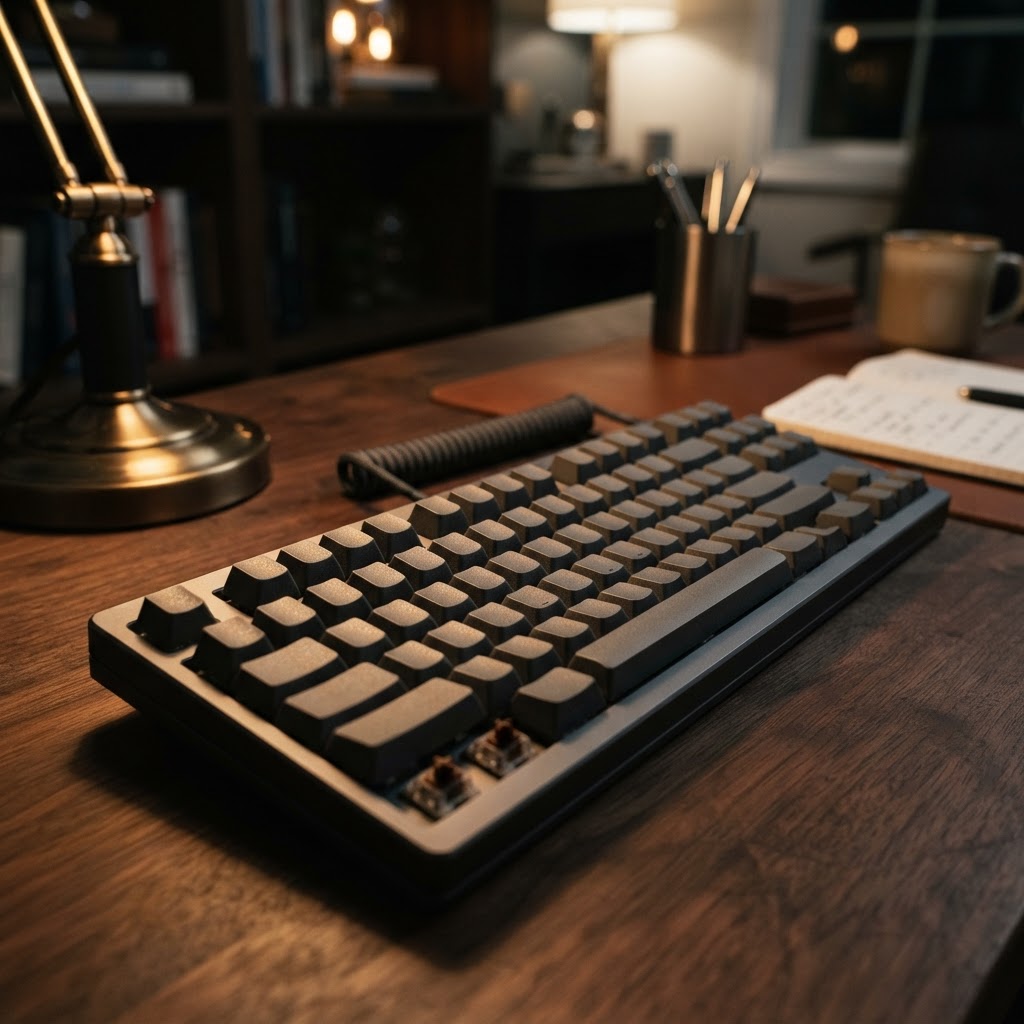Detail of mechanical keyboard in a professional workspace