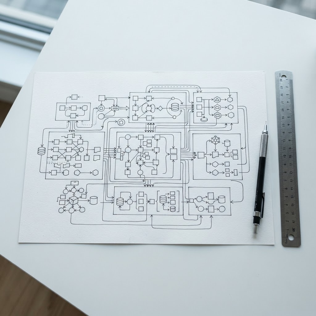 Hand drawn system architecture on a desk