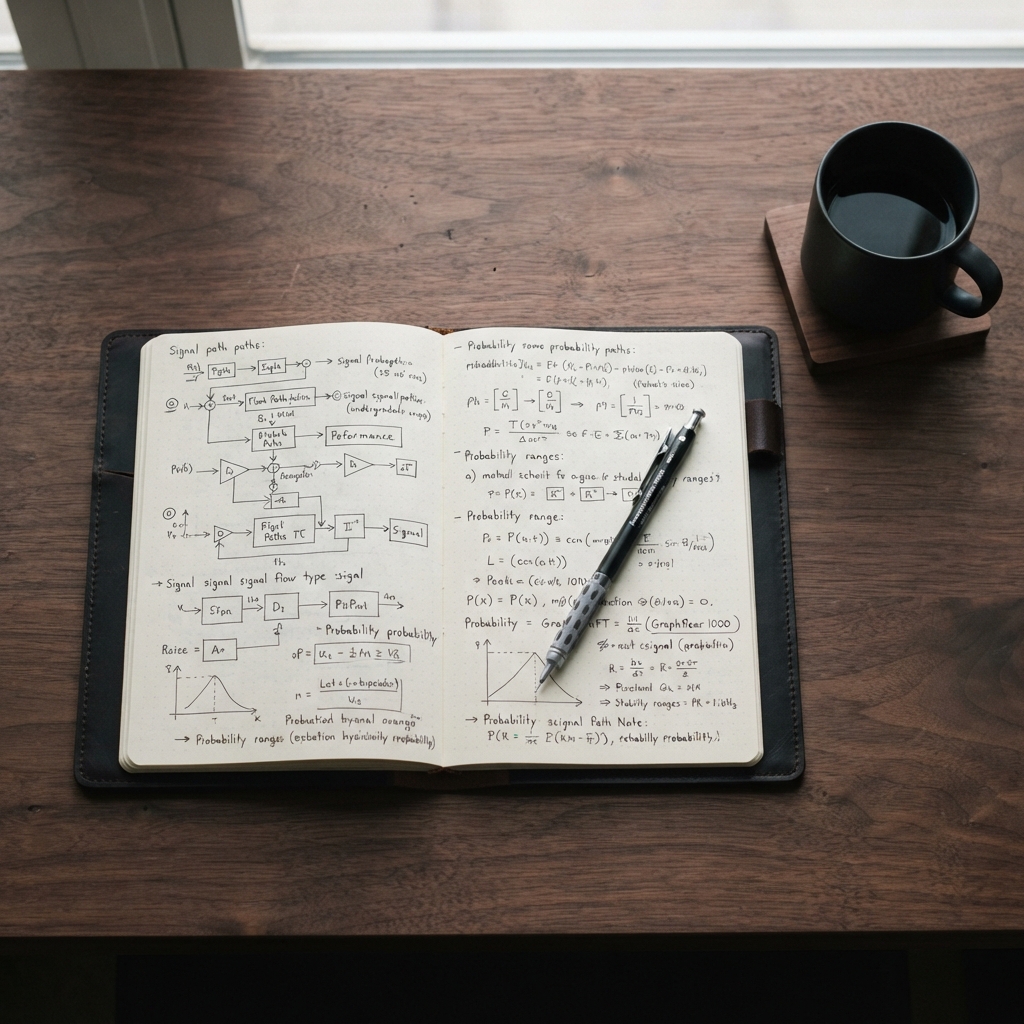 Close up of technical notes and engineering workspace