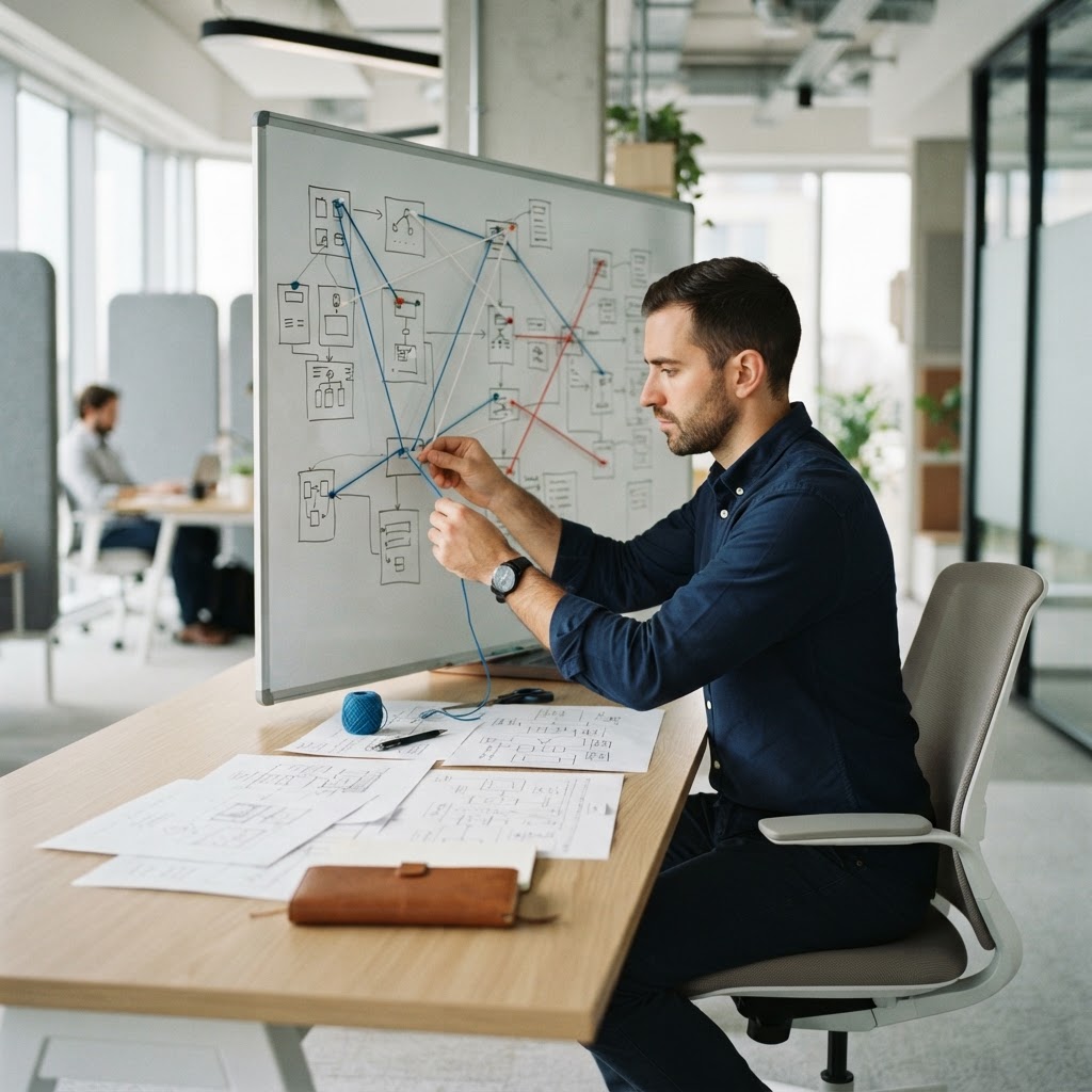 Data engineer organizing complex system logic on a desk