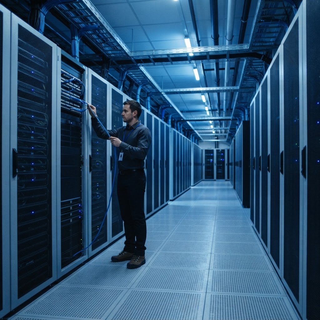Technician working in a structured server infrastructure environment
