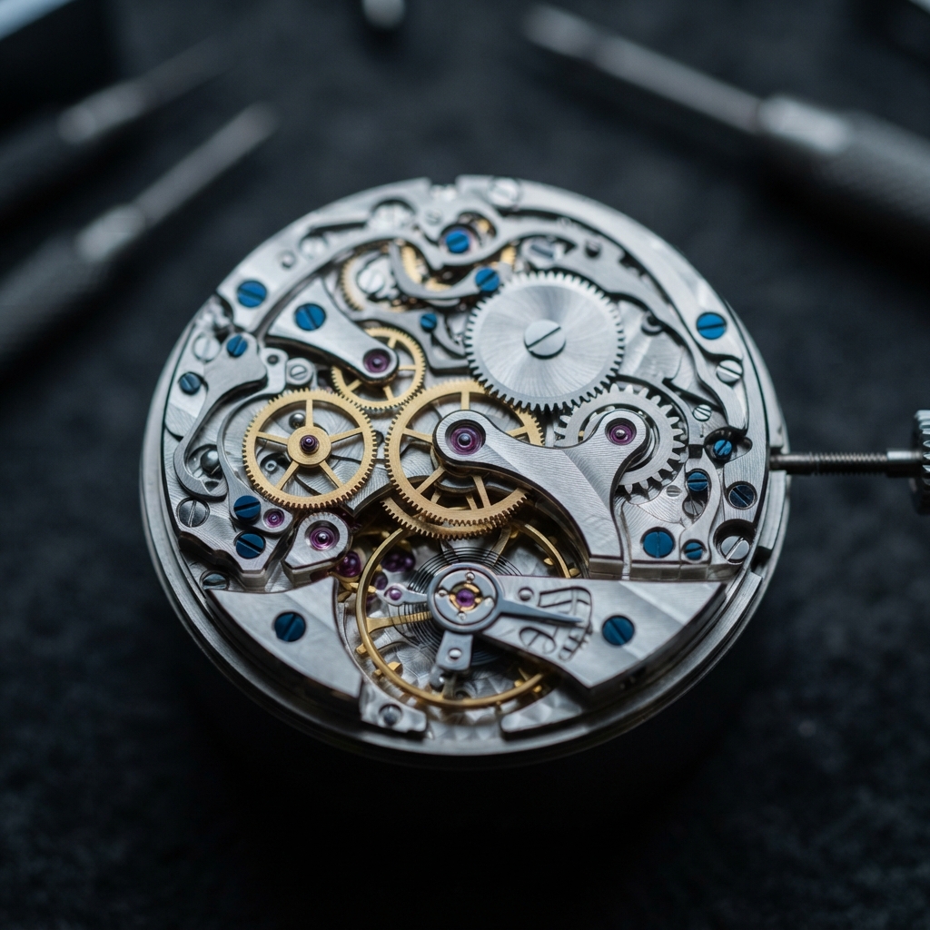 Detailed macro shot of complex mechanical watch gears