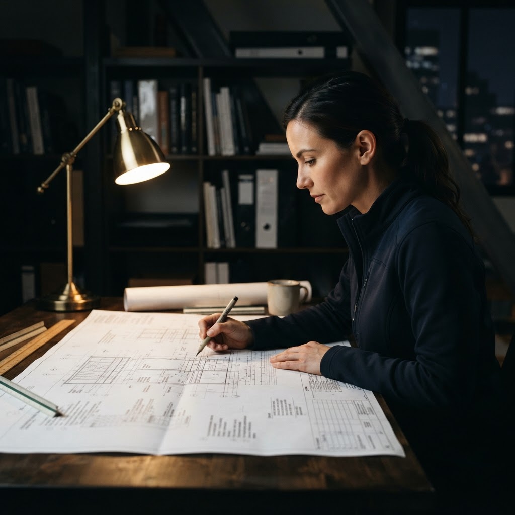 Professional reviewing technical blueprints under a desk lamp