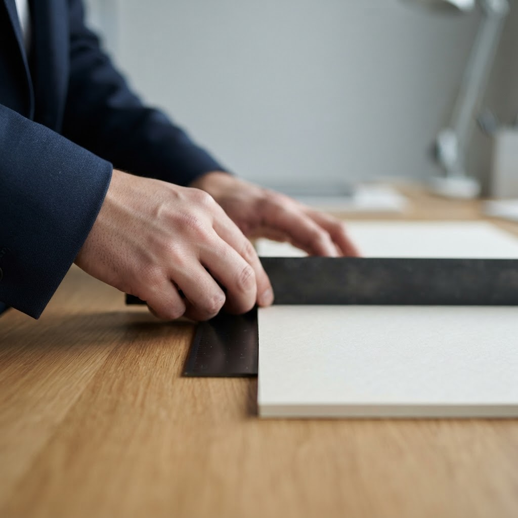 Hands measuring and aligning professional documents