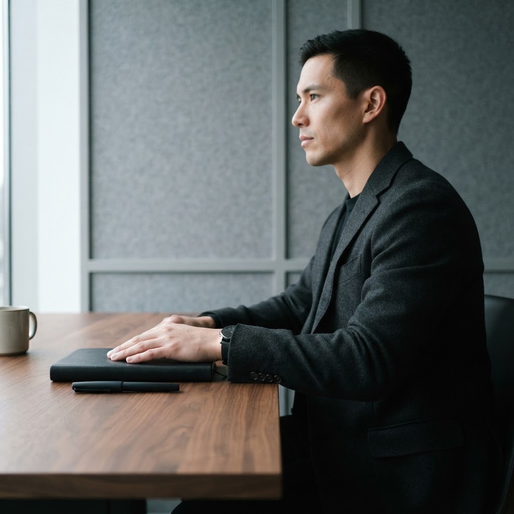 Professional reflecting at a minimalist desk