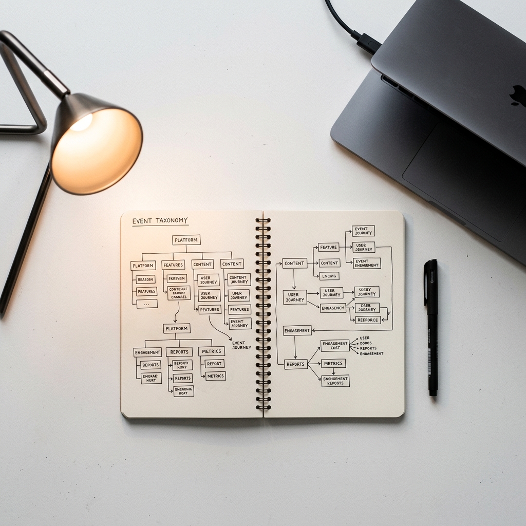 Overhead workspace with event taxonomy planning notes
