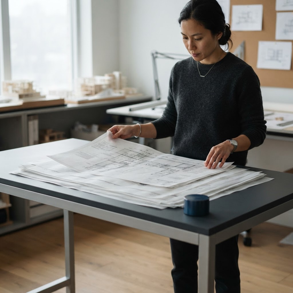 Person reviewing architectural papers at a drafting desk