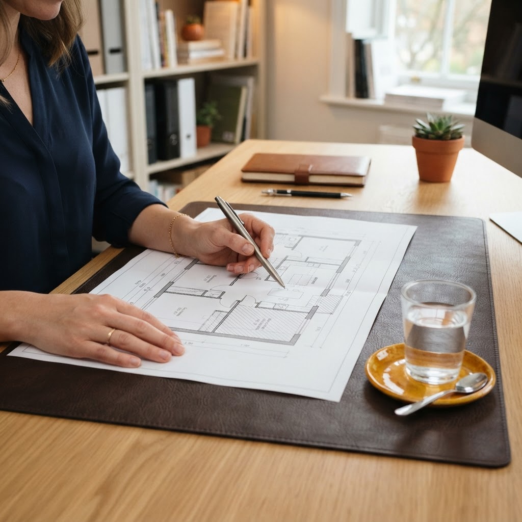 Hands planning on a floor plan at a desk
