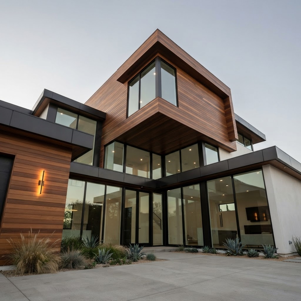 Modern luxury home exterior against a clear sky