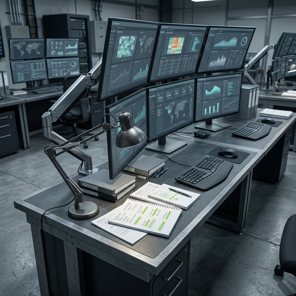 Multi-monitor logistics operations dashboard workspace
