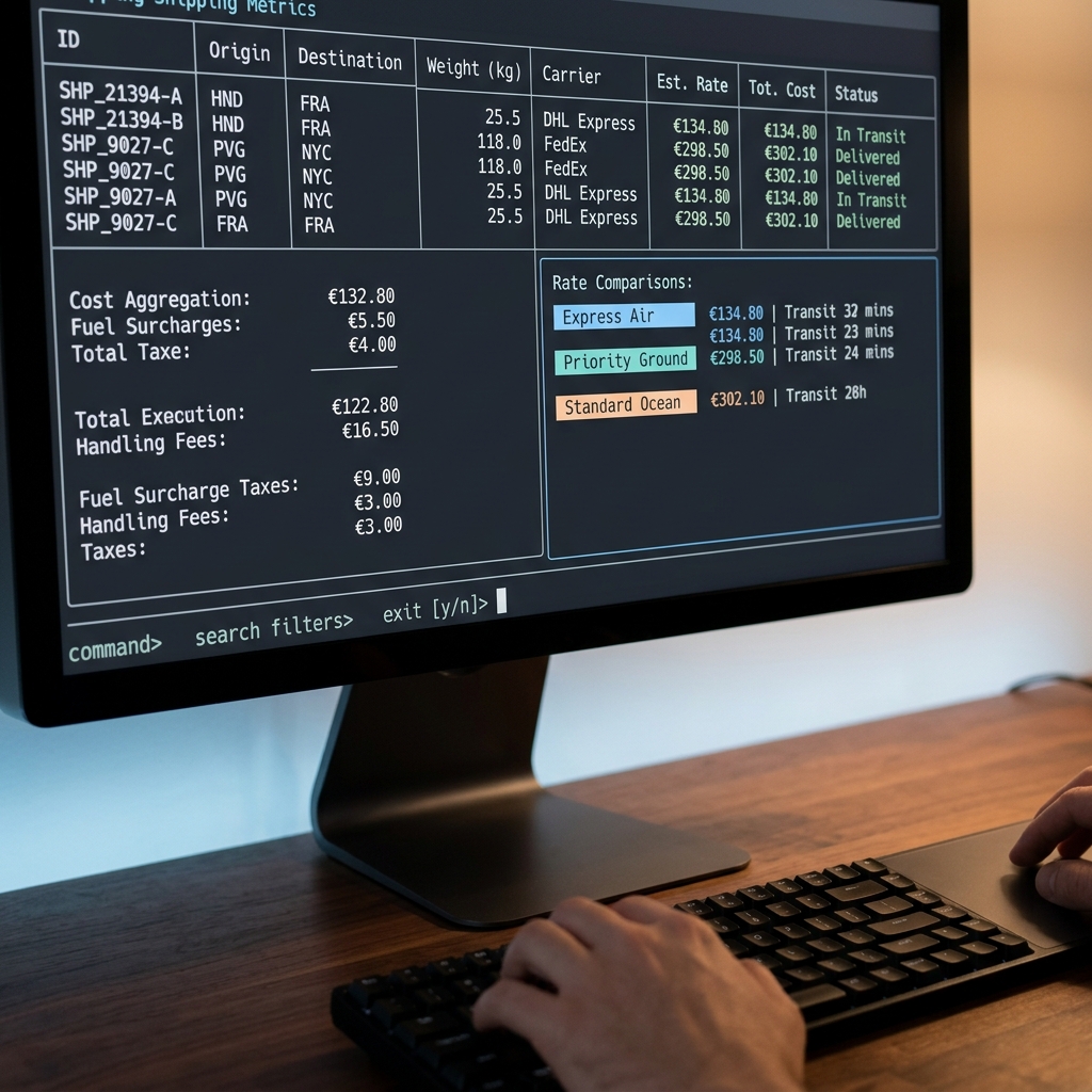 Terminal screen showing shipping cost analysis metrics
