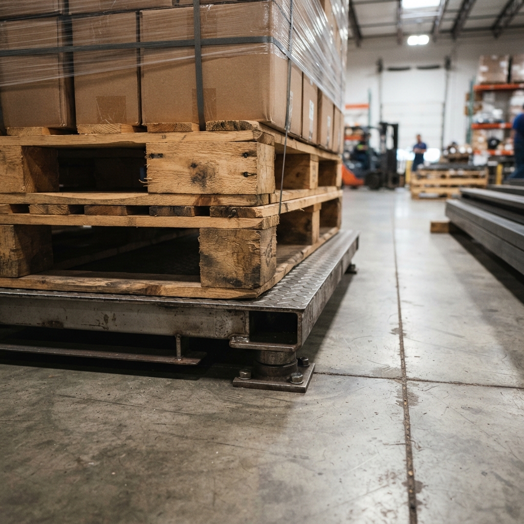 Close up of a shipping pallet on an industrial scale