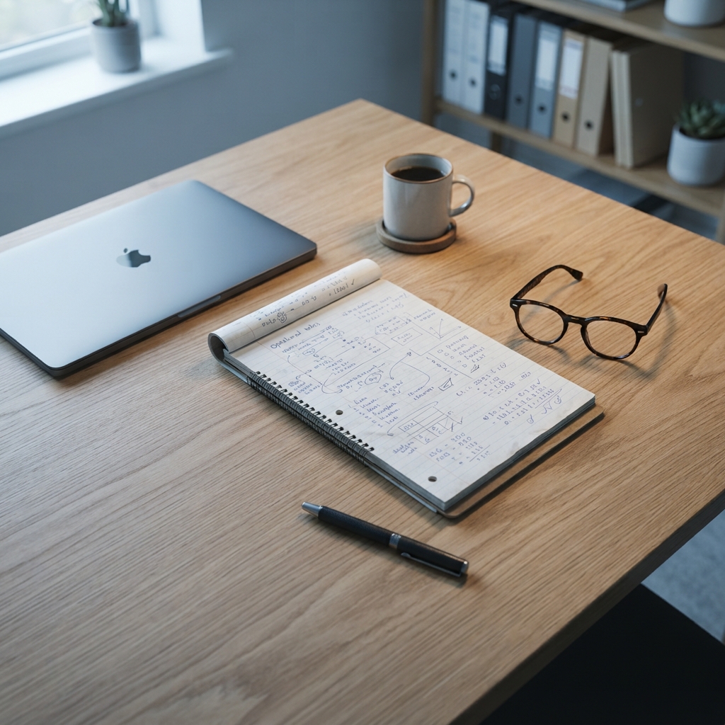 Desk setup for logistics audit with notepad and glasses