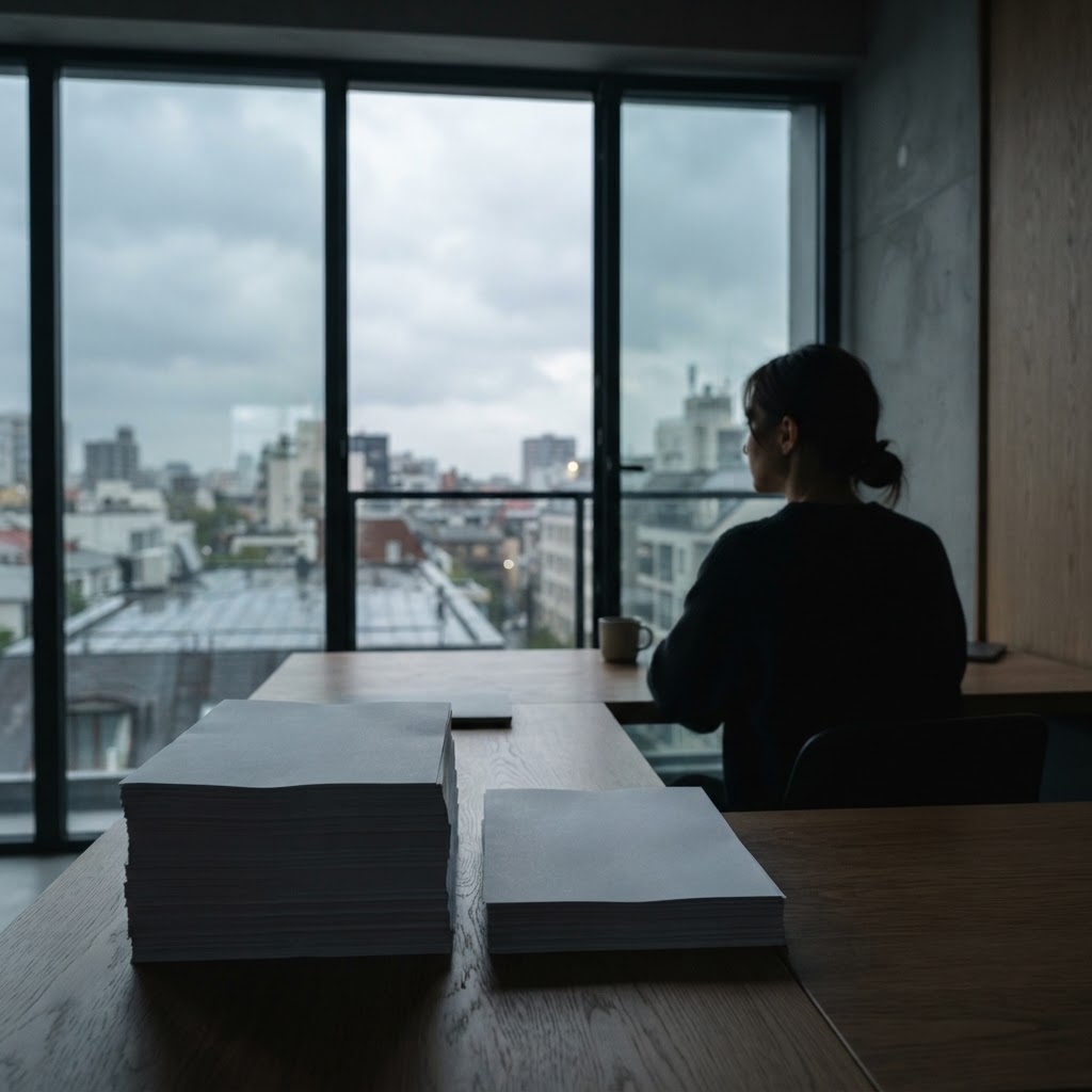 Low angle view of an office workspace with two stacks of paper reflecting different data priorities