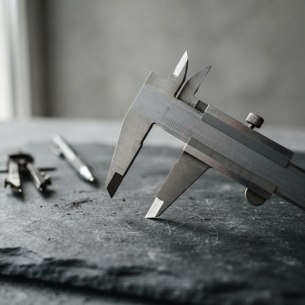 Macro shot of professional drafting calipers focused on a precise gap