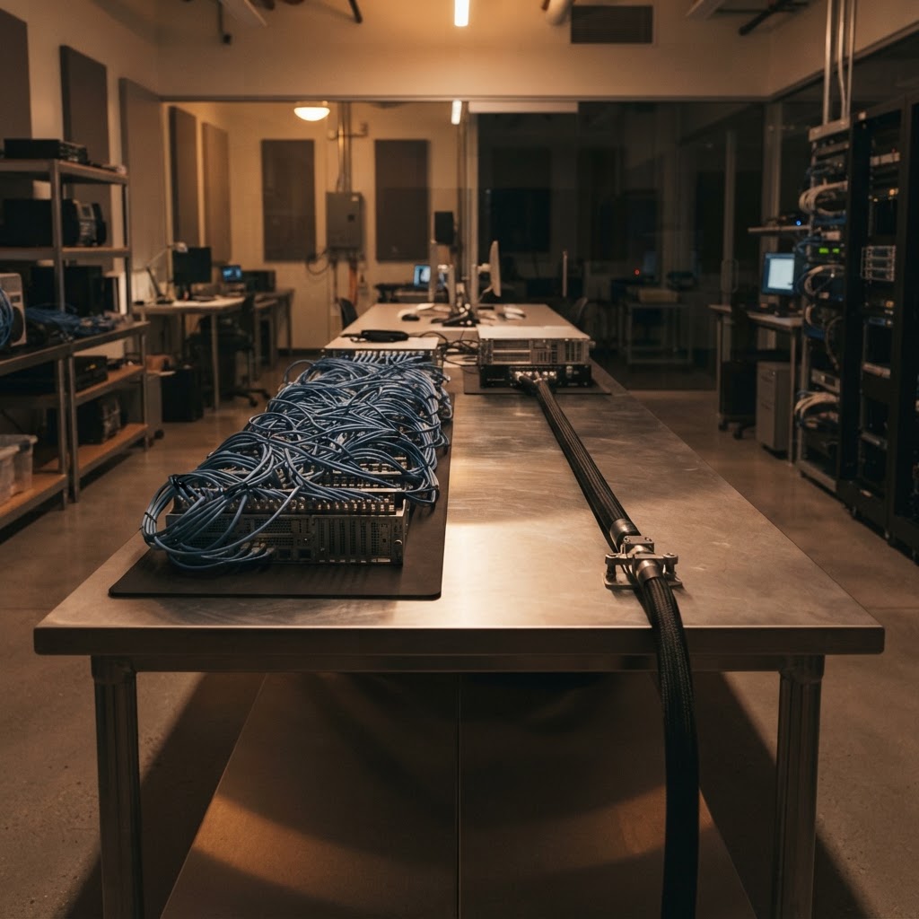 Wide shot of a clean engineering office featuring two distinct cable infrastructure layouts on a table