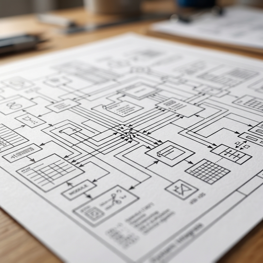 Technical blueprint showing data pipeline architecture