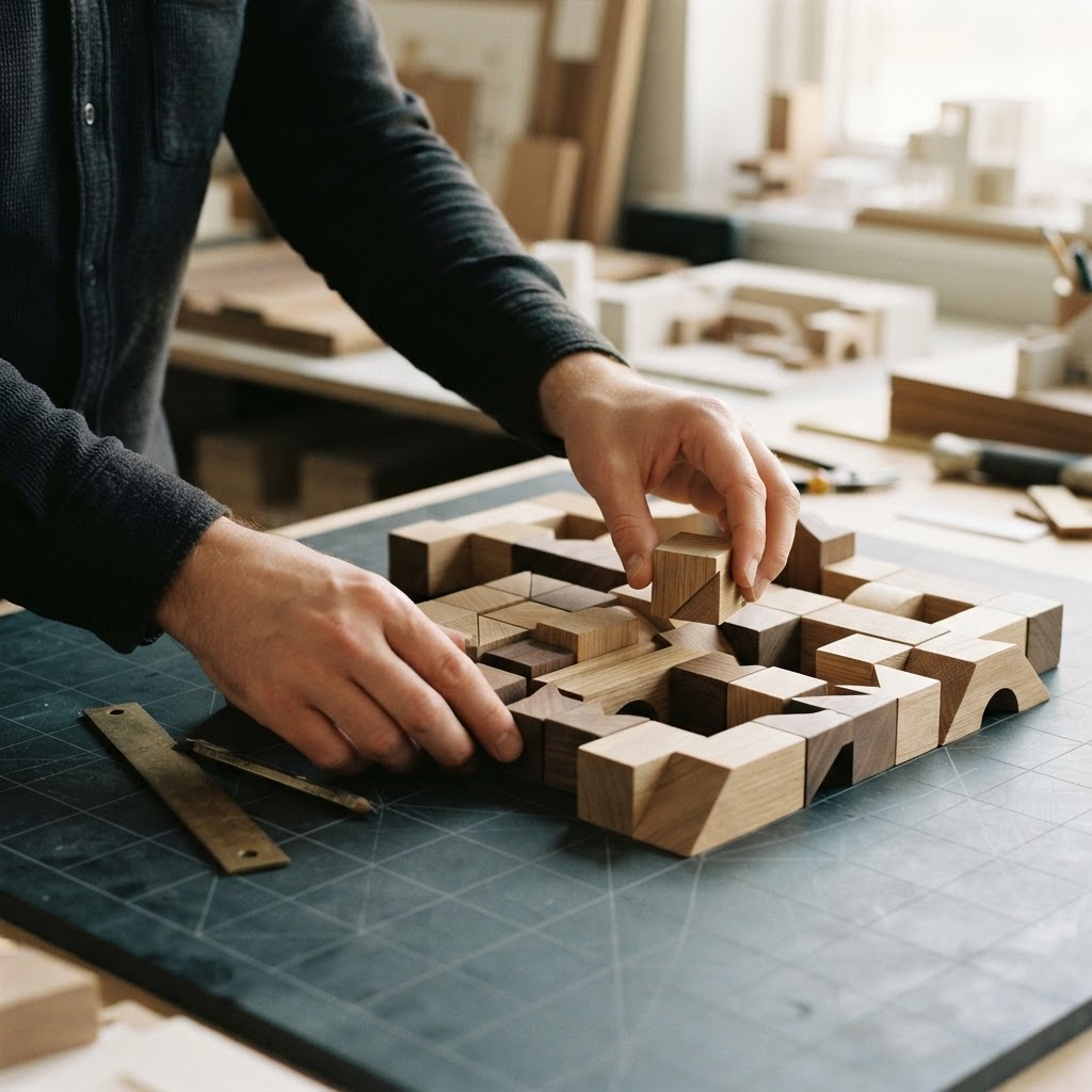 Hands organizing modular physical blocks on a grid