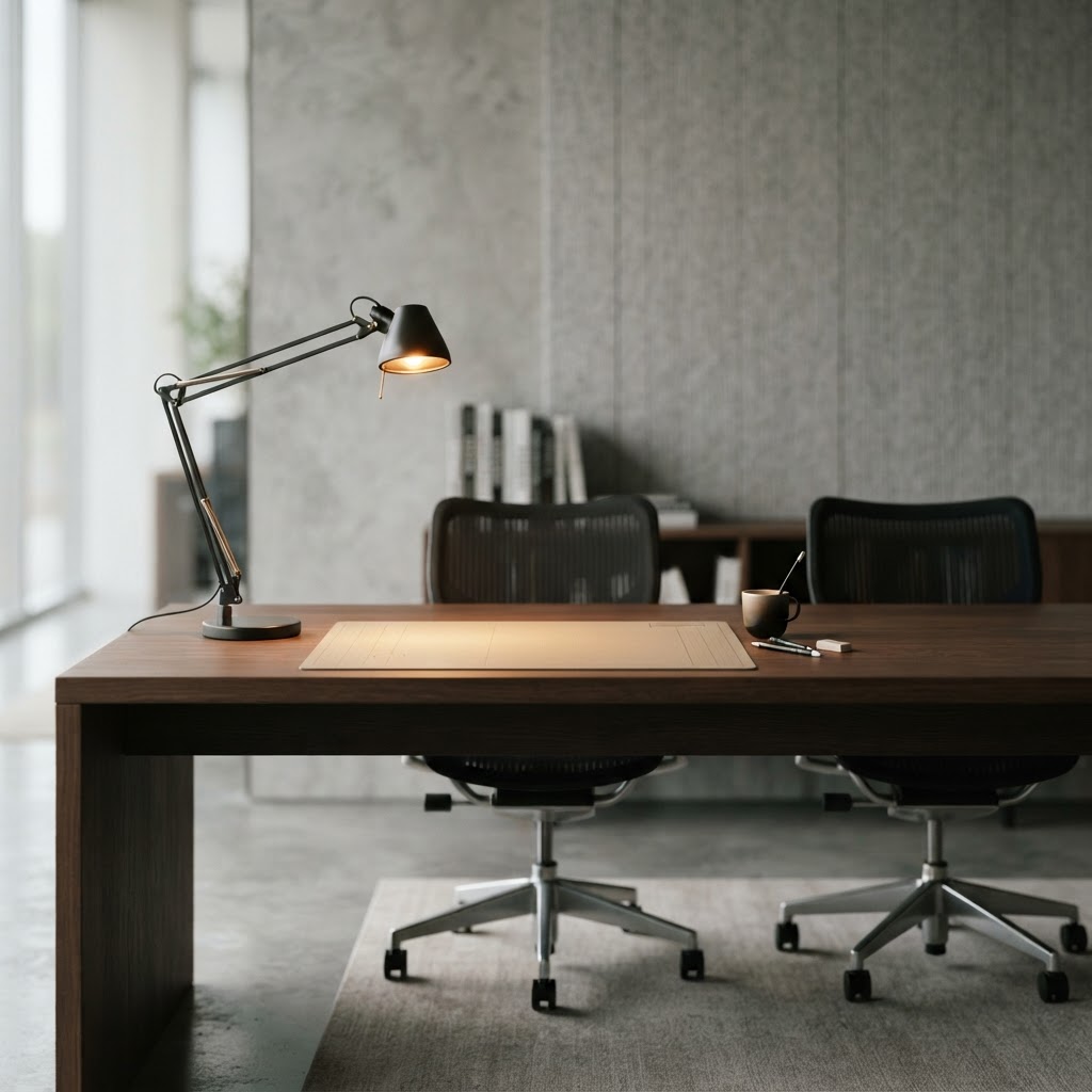 A clean, modern office workspace with focused amber lighting