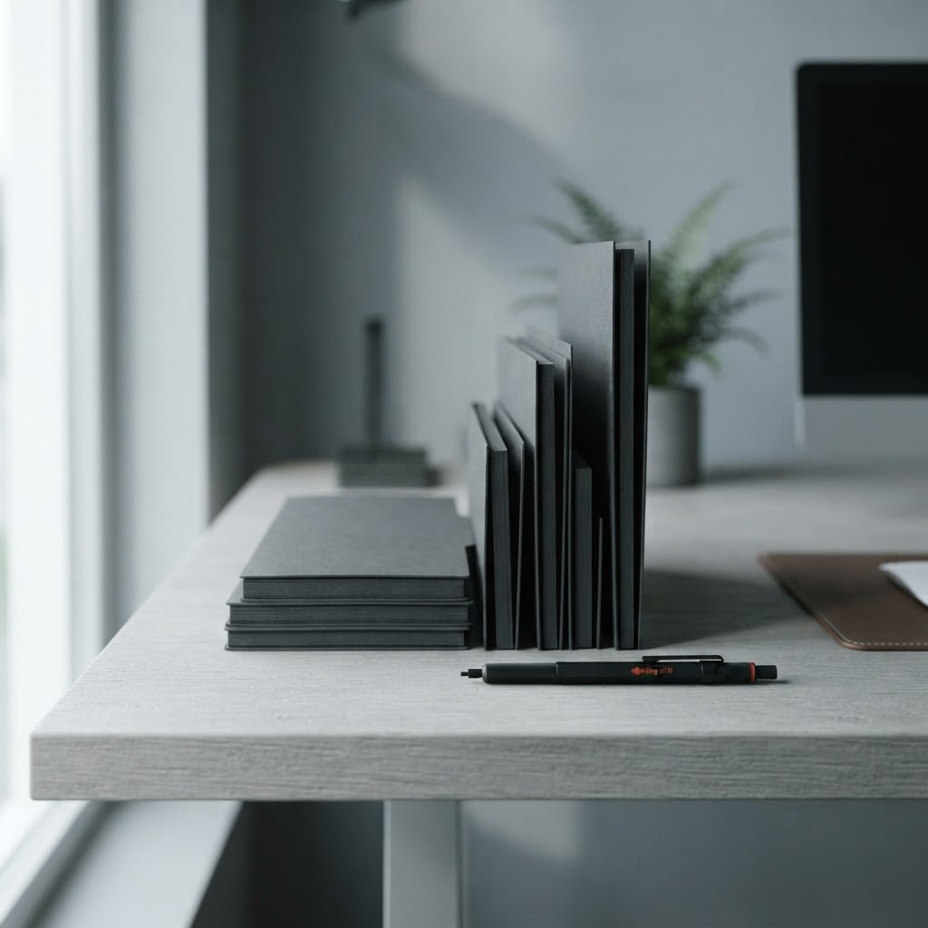 A stack of professional folders and a technical pen on a desk