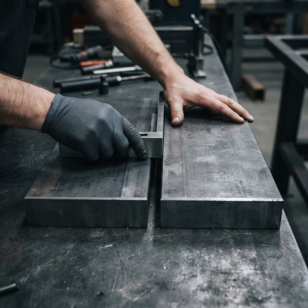 Hands aligning two heavy steel plates on a dark surface