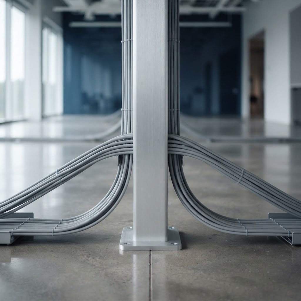Minimalist architectural hub with structured cabling in an office