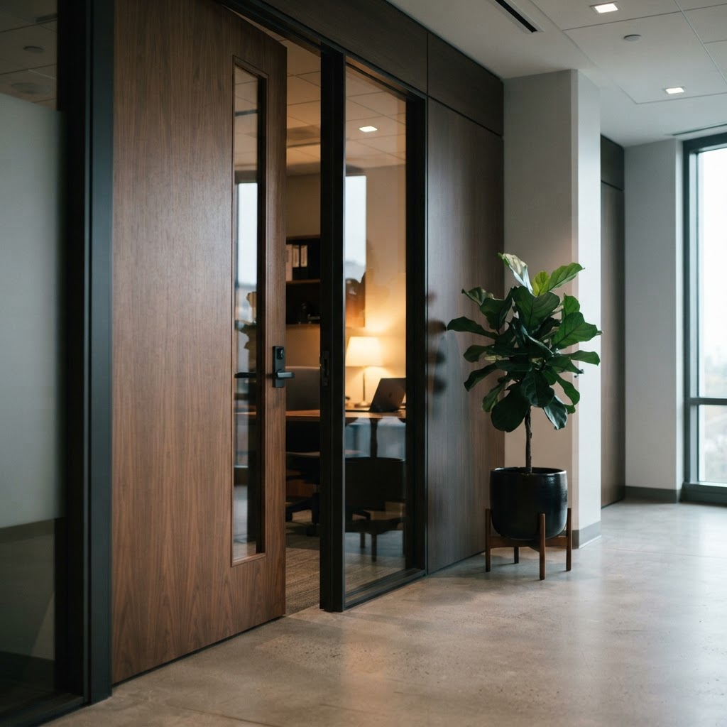 Sophisticated office doorway with professional and calm atmosphere